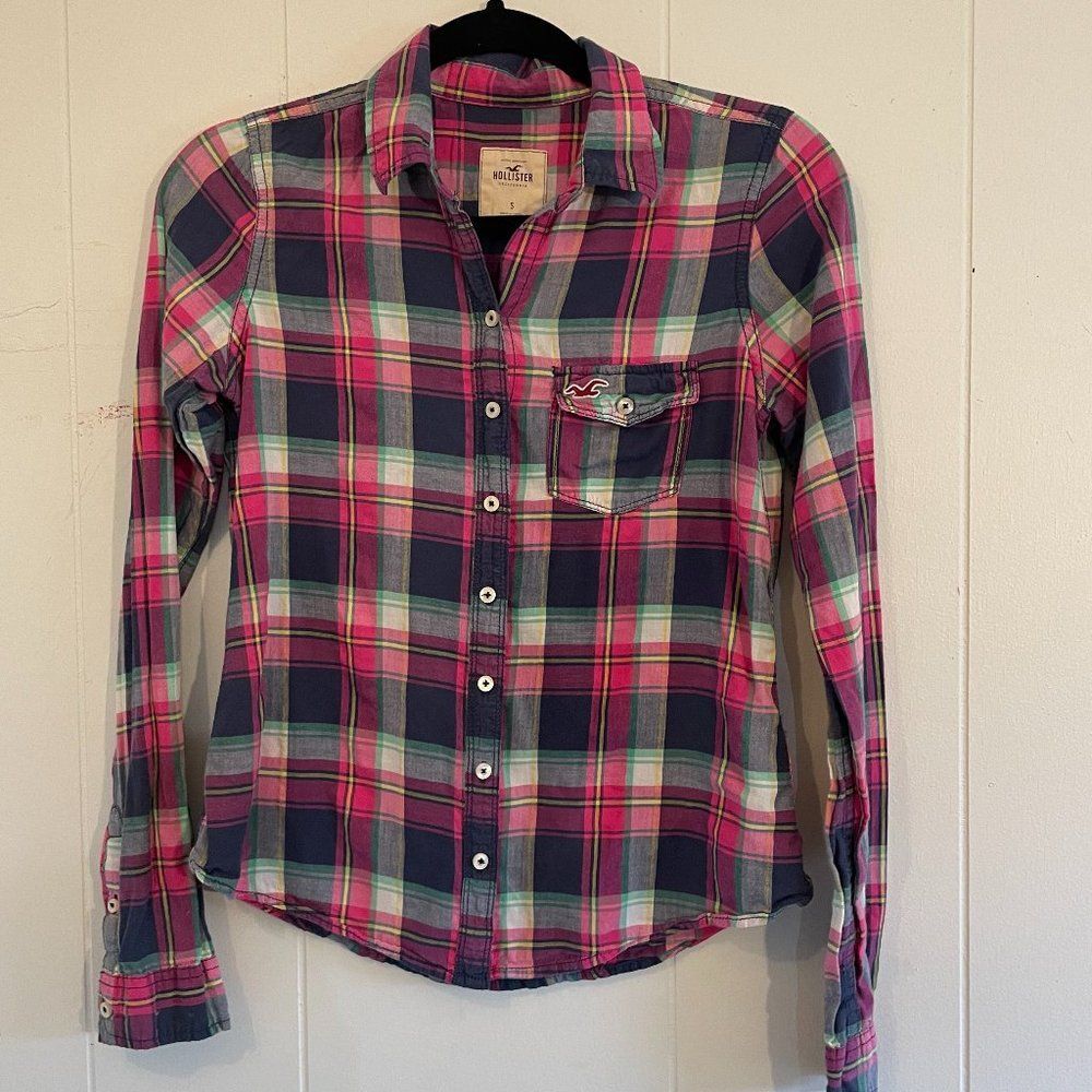 Hollister 100% Cotton Checked Button Down Long Sleeve Top Women Size S